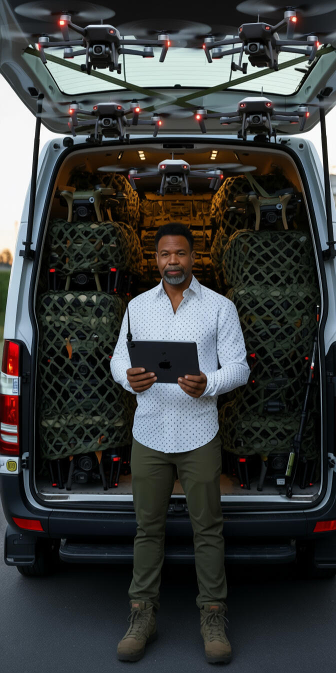 Sparkles with his Benz Sprinter filled with tools of Freedom.